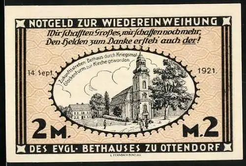 Notgeld Ottendorf 1921, 2 Mark, Bethaus durch Kriegsmal-Glockenturm zur Kirche geworden