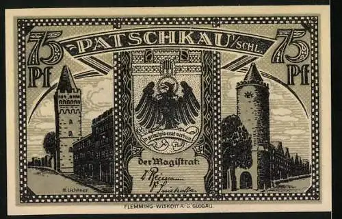 Notgeld Patschkau i. Schl., 75 Pfennig, Teilansicht mit Kirche