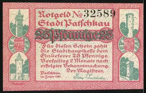 Notgeld Patschkau 1921, 25 Pfennig, Katholische Pfarrkirche