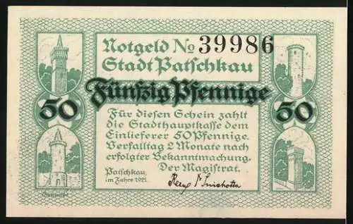 Notgeld Patschkau 1921, 50 Pfennig, Gymnasium 1870-1920