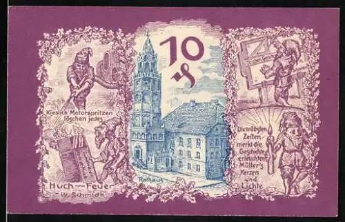 Notgeld Patschkau 1921, 10 Pfennig, Rathaus, Zwerg mit Kerze