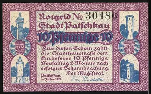 Notgeld Patschkau 1921, 10 Pfennig, Rathaus, Zwerg mit Kerze