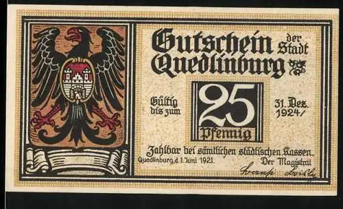 Notgeld Quedlinburg 1921, 25 Pfennig, Adler mit Wappen