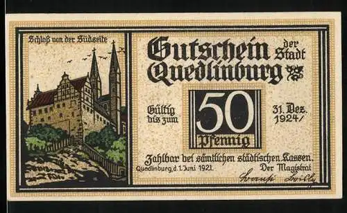 Notgeld Quedlinburg 1921, 50 Pfennig, Schloss von der Südseite
