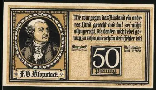 Notgeld Quedlinburg 1921, 50 Pfennig, Portrait von F. G. Klopstock