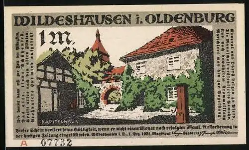 Notgeld Wildeshausen i. Oldenburg 1921, 1 Mark, Das Kapitelhaus, Militärparade