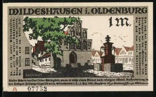 Notgeld Wildeshausen i. Oldenburg 1921, 1 Mark, Das Rathaus, Richter verkündet die Strafe