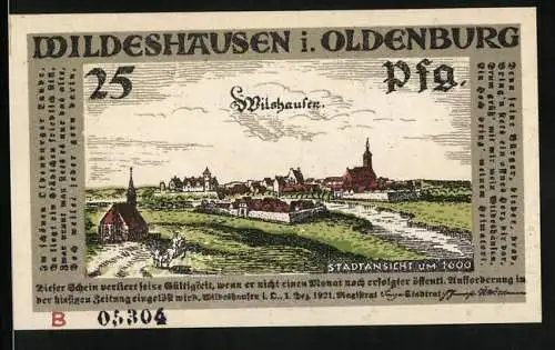 Notgeld Wildeshausen i. Oldenburg 1921, 25 Pfennig, Stadtansicht um 1600, Der Schützenkönig