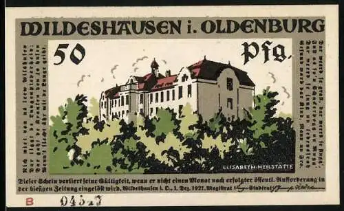 Notgeld Wildeshausen i. Oldenburg 1921, 50 Pfennig, Die Elisabeth Heilstätte, Tambourmajor und seine Trommler