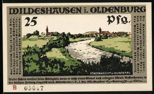 Notgeld Wildeshausen i. Oldenburg 1921, 25 Pfennig, Stadtansicht vom Huntetal, General auf der Parade
