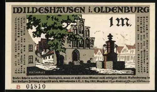 Notgeld Wildeshausen i. Oldenburg 1921, 1 Mark, Brunnen am Rathaus, Frau bekommt ihre Strafe