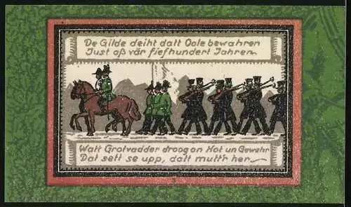 Notgeld Wildeshausen i. Oldenburg 1921, 1 Mark, Das Kapitelhaus, Reiter führen Militärparade an