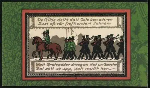 Notgeld Wildeshausen i. Oldenburg 1921, 1 Mark, Partie am Kapitelhaus, Kavallerie und Infanterie bei der Parade