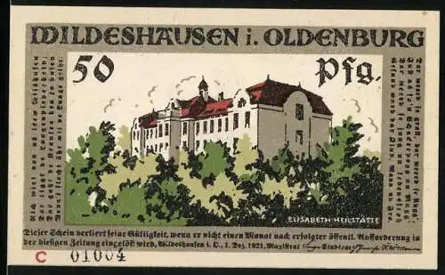 Notgeld Wildeshausen i. Oldenburg 1921, 50 Pfennig, Blick zur Elisabeth Heilstätte, Militärorchester