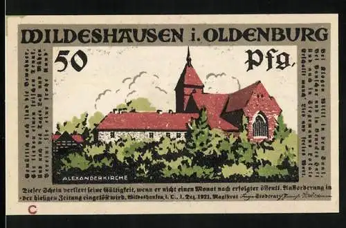 Notgeld Wildeshausen i. Oldenburg 1921, 50 Pfennig, Blick auf die Alexanderkirche, Soldaten begleiten Gefangene