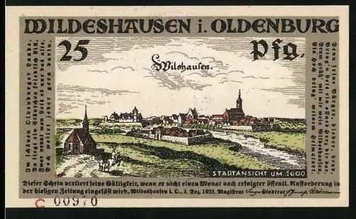 Notgeld Wildeshausen i. Oldenburg 1921, 25 Pfennig, Stadtansicht anno 1600, Ehrung des Schützenkönigs