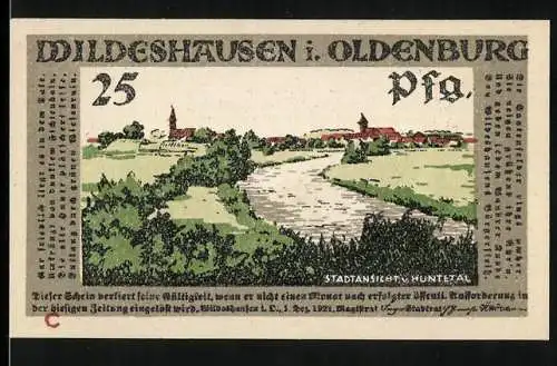 Notgeld Wildeshausen i. Oldenburg 1921, 25 Pfennig, Stadtansicht vom Huntetal am Fluss, General salutiert