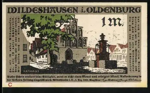 Notgeld Wildeshausen i. Oldenburg 1921, 1 Mark, Brunnen am Rathausplatz, Frau vor Gericht