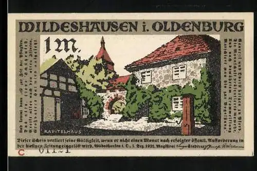 Notgeld Wildeshausen i. Oldenburg 1921, 1 Mark, Portal am Kapitelhaus, Soldatenmarsch