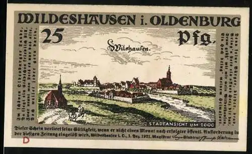 Notgeld Wildeshausen i. Oldenburg 1921, 25 Pfennig, Die Stadtansicht am Fluss um 1600, Schützenkönig