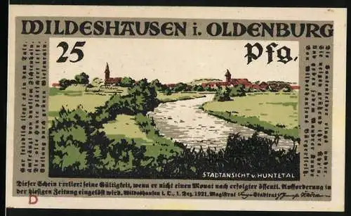 Notgeld Wildeshausen i. Oldenburg 1921, 25 Pfennig, Ortsansicht am Fluss vom Huntetal, General bei der Parade