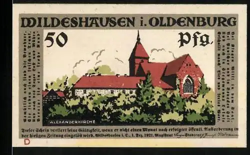 Notgeld Wildeshausen i. Oldenburg 1921, 50 Pfennig, Ansicht der Alexanderkirche, Drei Gefangene in Ketten