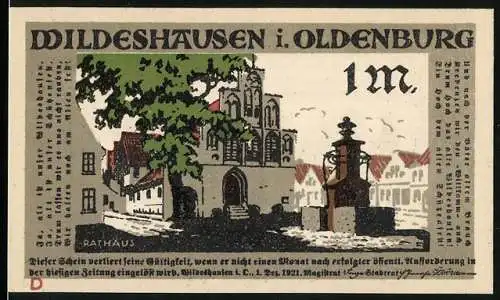 Notgeld Wildeshausen i. Oldenburg 1921, 1 Mark, Brunnen am Rathausplatz, Richter spricht das Strafmass