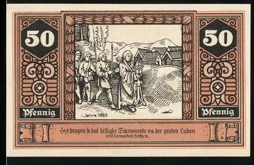 Notgeld Wilsnack, 50 Pfennig, Die Wunderblut-Kirche, Transport der Sakramente