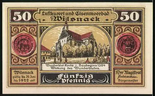 Notgeld Wilsnack, 50 Pfennig, Die Wunderblut-Kirche, Transport der Sakramente