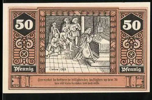Notgeld Wilsnack, 50 Pfennig, Wunderblut-Kirche, die Sakramente auf dem Altar