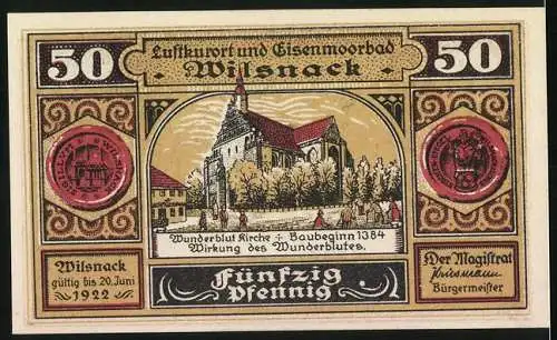 Notgeld Wilsnack, 50 Pfennig, Wunderblut-Kirche, Brennendes Dorf