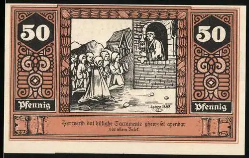 Notgeld Wilsnack, 50 Pfennig, Ortspartie am Fachwerkhaus, Die Bewohner beten am Heiligen Sakrament