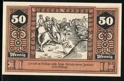 Notgeld Wilsnack, 50 Pfennig, Ortspartie am Fachwerkhaus, Der Bischoff und seine Leute