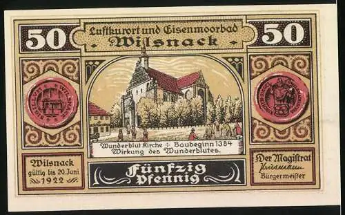 Notgeld Wilsnack, 50 Pfennig, Wunderblut-Kirche, Herr Johann und der Bischoff