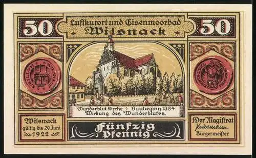 Notgeld Wilsnack, 50 Pfennig, Wunderblut-Kirche, der Altar wird gereinigt