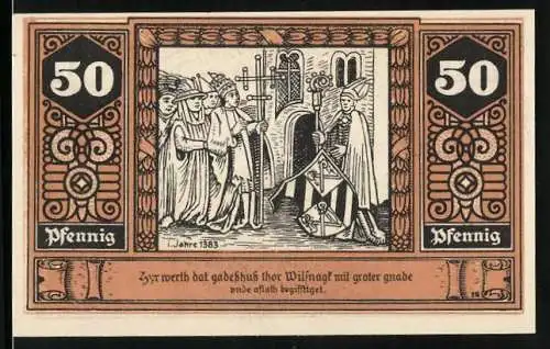 Notgeld Wilsnack, 50 Pfennig, Partie am Fachwerkhaus, Bischoff mit Stadtwappen