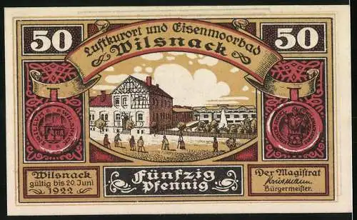 Notgeld Wilsnack, 50 Pfennig, Partie am Fachwerkhaus, Bischoff mit Stadtwappen