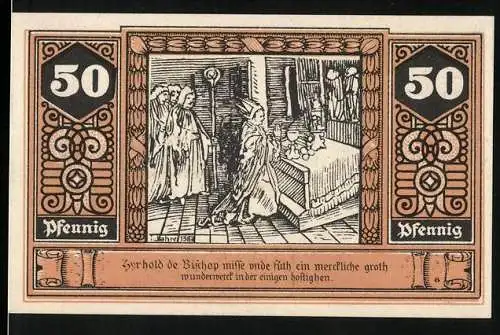 Notgeld Wilsnack, 50 Pfennig, Partie am Fachwerkhaus, Bischof betet an einem Bett