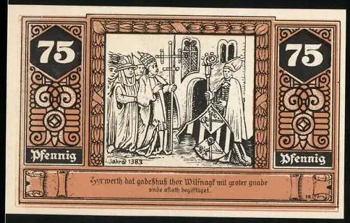Notgeld Wilsnack, 75 Pfennig, Fachwerkhaus und Bischof mit Wappen