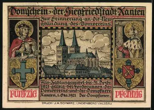 Notgeld Xanten 1921, 50 Pfennig, Blick auf den Dom, Siegfrieds Tod