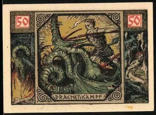 Notgeld Xanten 1921, 50 Pfennig, Szene aus dem Drachenkampf