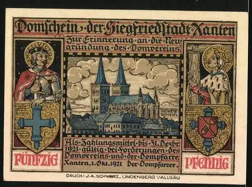 Notgeld Xanten 1921, 50 Pfennig, Szene aus dem Drachenkampf