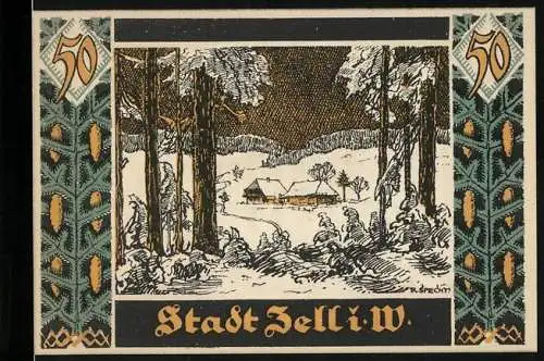 Notgeld Zell i. W. 1921, 50 Pfennig, Ortsansicht im Schnee