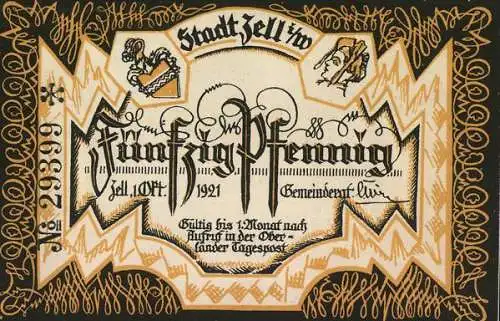 Notgeld Zell i. W. 1921, 50 Pfennig, Ortsansicht im Schnee
