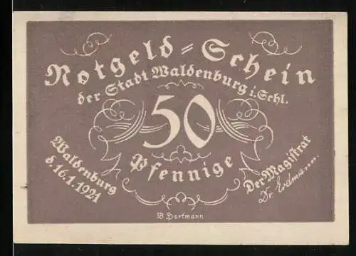Notgeld Waldenburg 1921, 50 Pfennig, Eine Frau mit einer Harfe