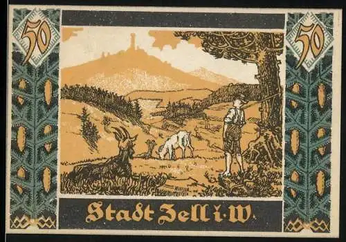 Notgeld Zell i. W. 1921, 50 Pfennig, Bauer mit seinen Ziegen