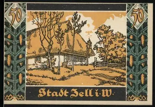 Notgeld Zell i. W. 1921, 50 Pfennig, Partie an altem Bauernhof