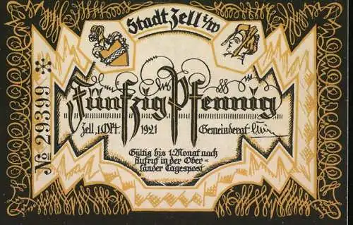 Notgeld Zell i. W. 1921, 50 Pfennig, Partie an altem Bauernhof