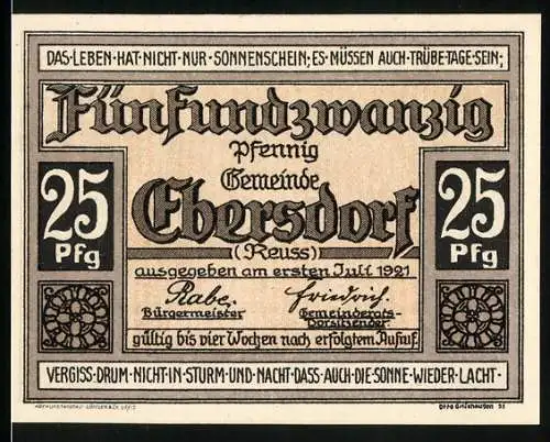 Notgeld Ebersdorf 1921, 25 Pfennig, Denkmal für die Gefallenen