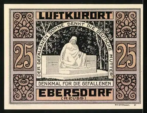 Notgeld Ebersdorf 1921, 25 Pfennig, Denkmal für die Gefallenen